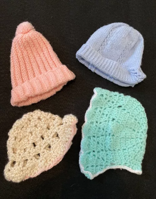 4 Hand Made Crochet Baby Or Doll Bonnets & Beanie