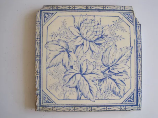 Antique Victorian 6" Blue & White Floral Tile - Mansfield Bros C1895