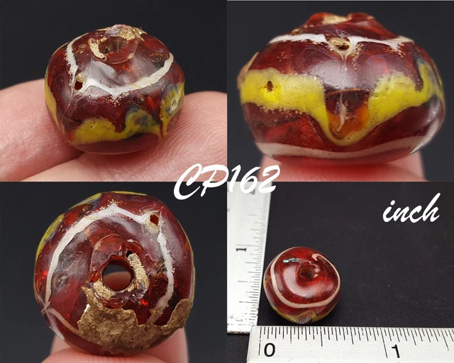 Unique Yellow Feather Islamic Mosaic Clear Red Glass Coin Disc Bead #CP162a