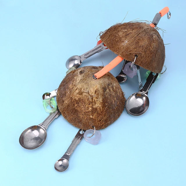 Cuchara de coco loro para masticar cuchara colgante pájaro juguete jaula accesorios flexibles