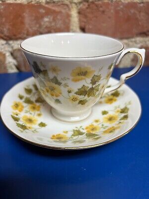 Vintage QUEEN ANNE Tea Cup & Saucer Yellow Flowers Gold Trim Bone China England