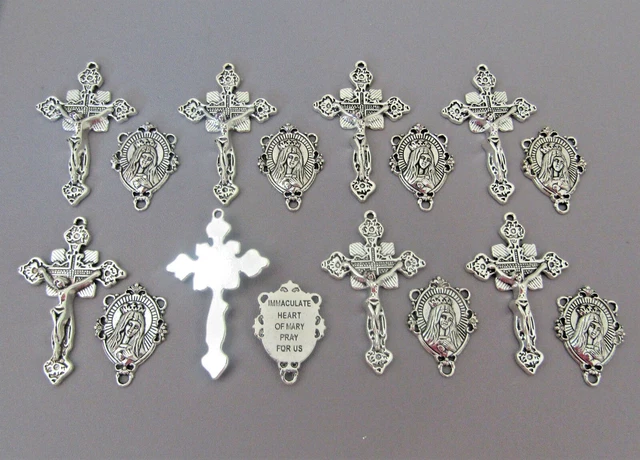 16 pc Rosary Crucifixes 8 crosses & 8 Centers rosaries part finish SILVER New