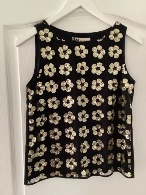 Jaeger Boutique Ladies Sleeveless Black Top With Gold Sequin Flowers Size 8
