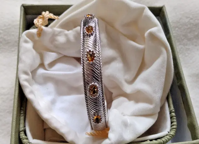 Judith Ripka 925  Sterling Silver Citrine Cuff Bangle Bracelet