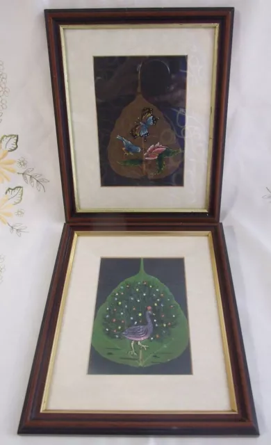 2 Hand Painted Pipal Skeleton Leaves Indian Framed Pictures Vintage Beautiful