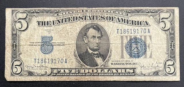 1934-D Five Dollar Silver Certificate Blue Seal Off Center Print Error On Front