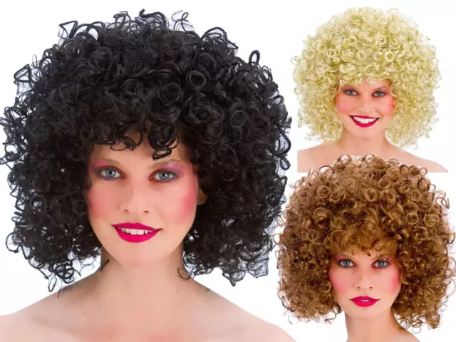 80s Adults Curly Permed Afro Wig Disco Groovy Fancy Dress Costume Accessory