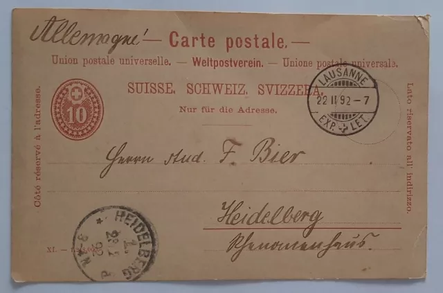 Schweiz/Switzerland Postkarte Weltpostverein Lausanne nach Heidelberg 1892