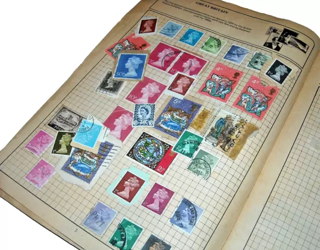 Collection of various Great Britain Stamps. A page from an old Stamp Album.