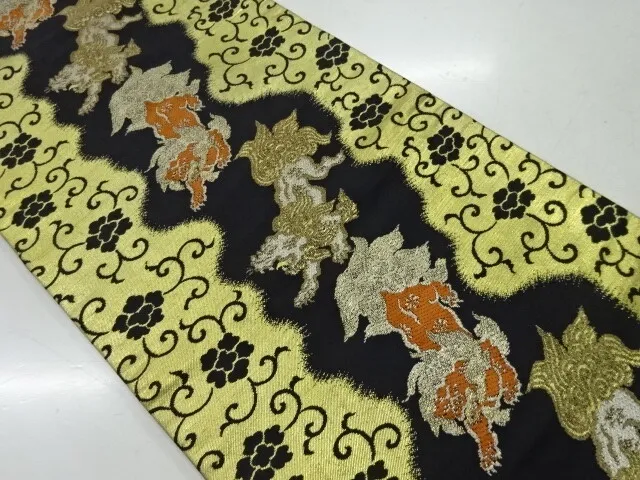 81989# Japanese Kimono / Antique Nagoya Obi / Woven Flower Arabesque & Lion