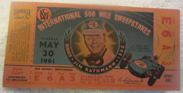 1961 Indy 500 Indianapolis 500 Ticket Stub auto car Race Racing VTG Nascar