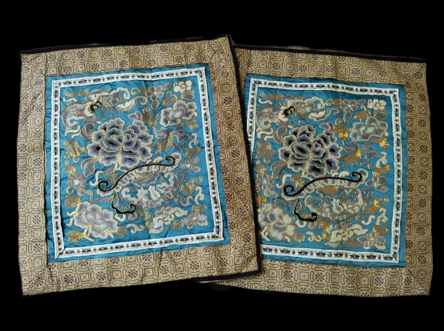 vintage chinese silk embroided Forbidden Stitch flora textile two piecec item572