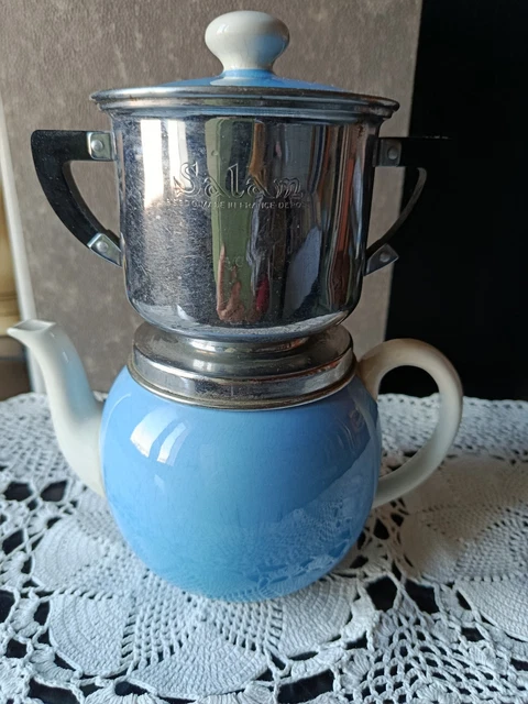 Cafetière Ancienne Villeroy & Boch Salam – Bleu Beige Et Aluminium – Vintage 1950 France