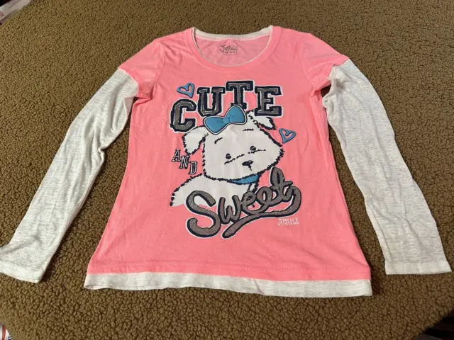 Justice Girls Long Slv T Shirt Coral/white Sz 14 "CUTE & Sweet" Graphic!