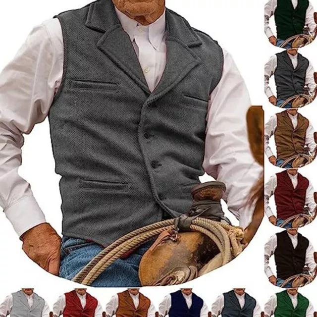 Mens Tweed Waistcoat Vintage Vest Cowboy Herringbone Notch Lapel Slim Fit Jacket 2