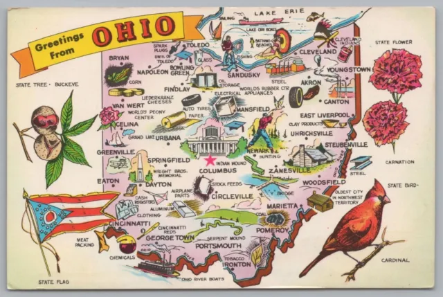 Old Cartoon Map Of Ohio, The Buckeye State, Vintage Post Card.