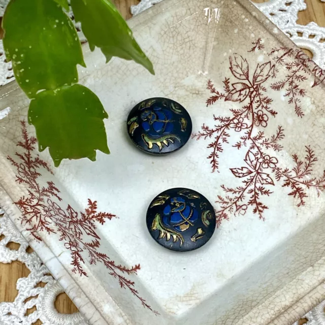 Antique Victorian Buttons Dark Blue Floral Painted Gold Lot of 2
