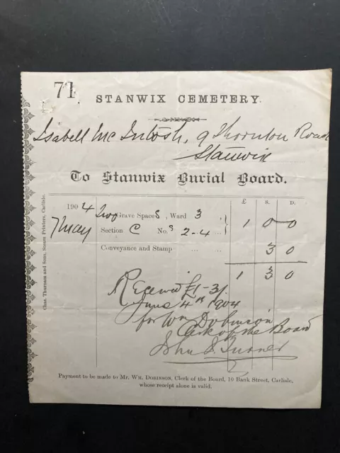 1904 Stanwix Cemetery Burial Board Isabell McIntosh graves ward 3 sect 3 No 2/4