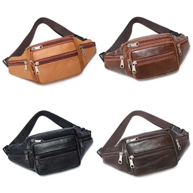Genuine Leather Fanny Pack Multi Zippered Waist Bag Hip Belt Purse Black Pouch