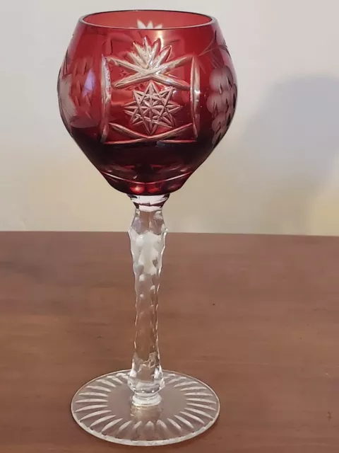 Nachtmann Traube RUBY RED Maroon CUT TO CLEAR Crystal Glass 8" HOCK WINE GOBLET