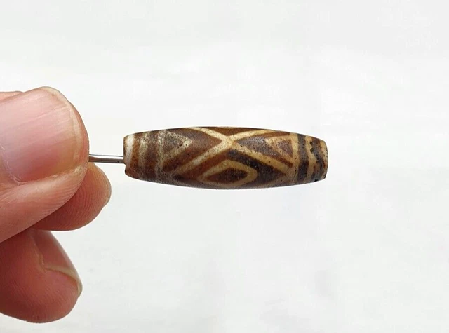 South Asian Burmese Antiques Trade Pumtek petrified Wood Beads Late 19 C. 31mm 2