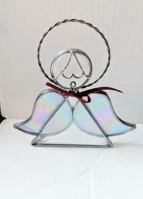 Vintage Irredecant Blue and Clear Stained Glass Angel Figurine Standing