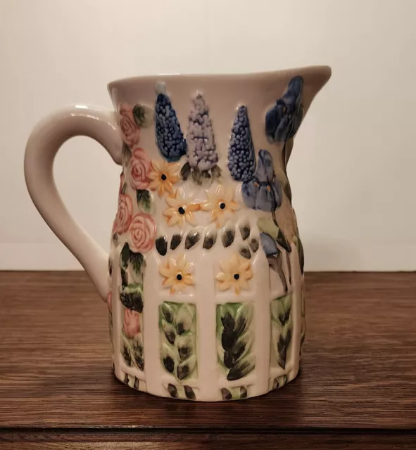 Vintage Large Ceramic Floral Pitcher Colorful Flowers