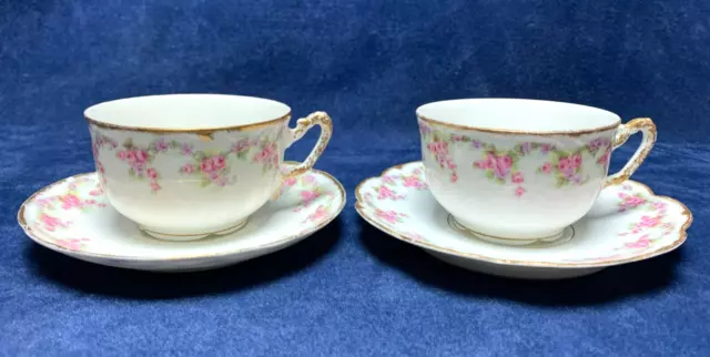 Pair of LIMOGES ELITE WORKS Bawo Dotter PRIMROSE PINK ROSE Cups & Saucers FRANCE