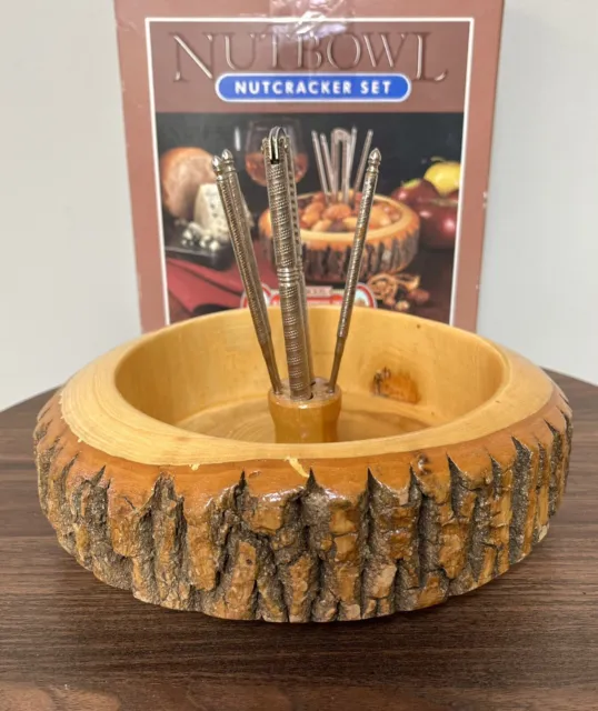 Vintage Nut Cracker Set Wood Log Bowl & Tools Made in USA MCM Nutcracker READ