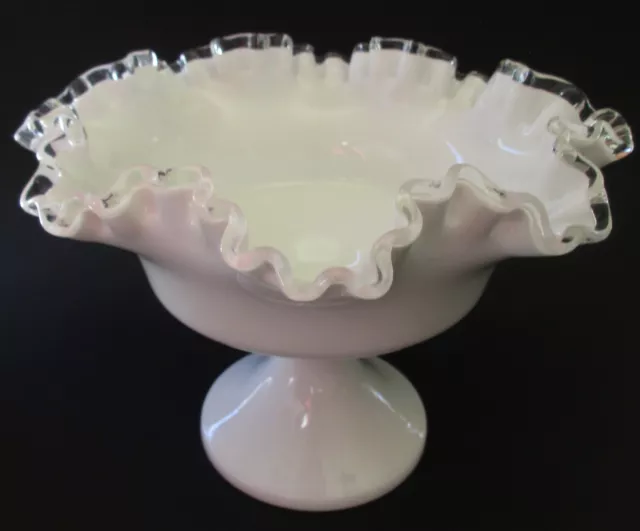 Vintage Fenton Silver Crest Ruffled Milk Glass Compote Pedestal Dish Mid-Century