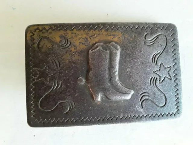 Vintage Tarnished Brass Belt Buckle w Cowboy Boots & Stars Western 2x3"