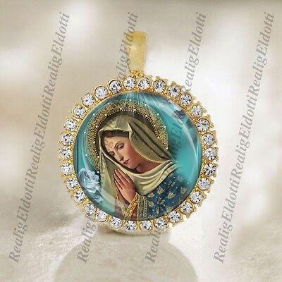 Mother Virgin Mary in Prayer Christian Catholic Gold Medal Pendant w Rhinestones