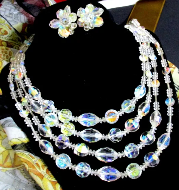 Vtg Runway Vendome Set Multistrand Ab/ Clear Aspirin Crystals Necklace Earrings