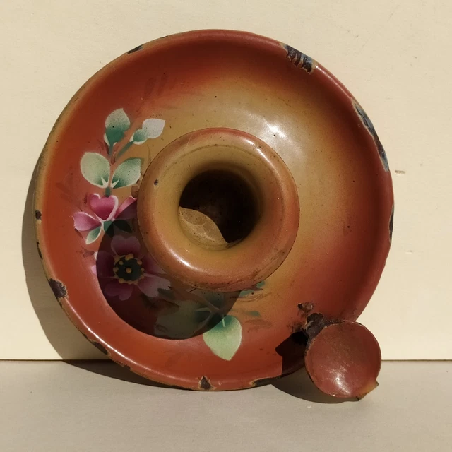 ANCIENNE CAFETIÈRE EN tôle émaillée à décor de Fleurs sur fond rose art