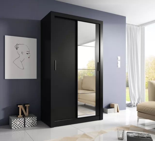 Brand New Modern Bedroom Mirror Sliding Door Wardrobe ARTI 6 120cm in Black Matt