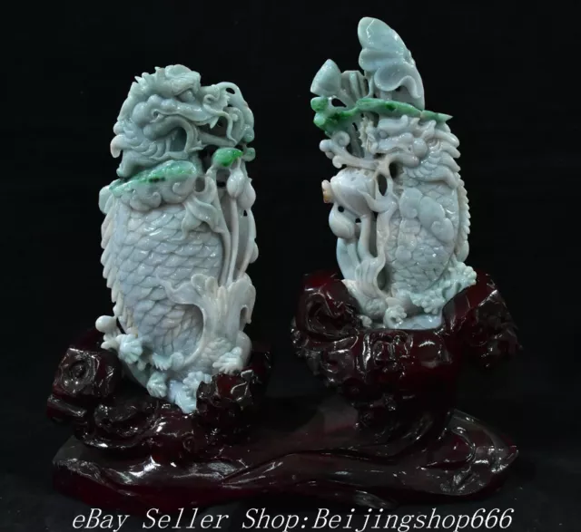 15.2" Chinese Natural Emerald Jade jadeite Carved Dragon Fish Lotus Statue Pair