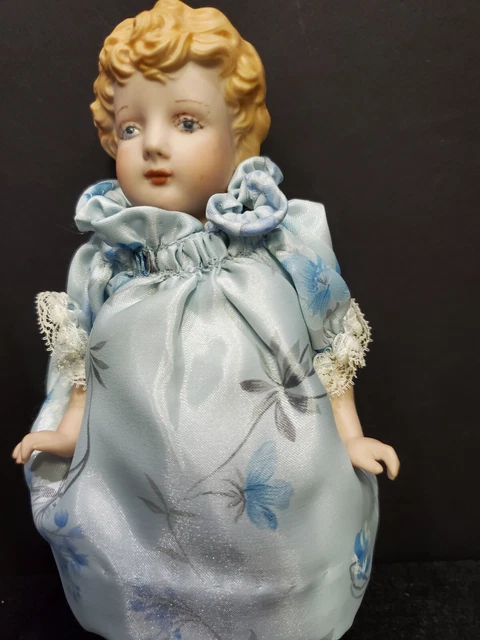 Victorian Collectibles Porcelain Doll Blue Dress Blond Blue Eyes 7  Vintage