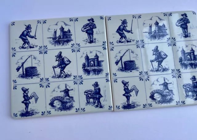 Lot of 2 Vintage Delft Holland Blue Tile Trivet Wall 6 x 6 Dutch Windmills