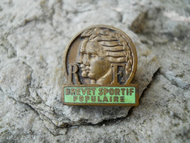 Médaille Insigne broche Bronze émaillé Art Déco 1930 Brevet Sportif Populaire