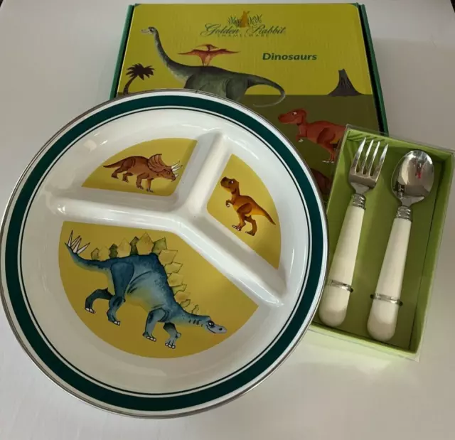 Golden Rabbit Enamelware Dinosaurs Toddlers Child Set Plate Fork Spoon Dinosaur