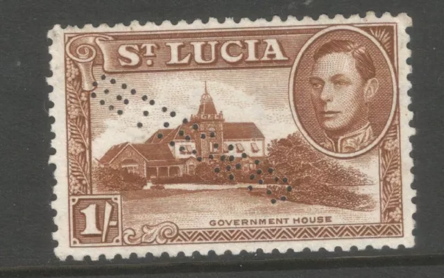 ST LUCIA  SG  135a the 1948 GVI perf 12   1/- brown perforated cancelled ,scarce