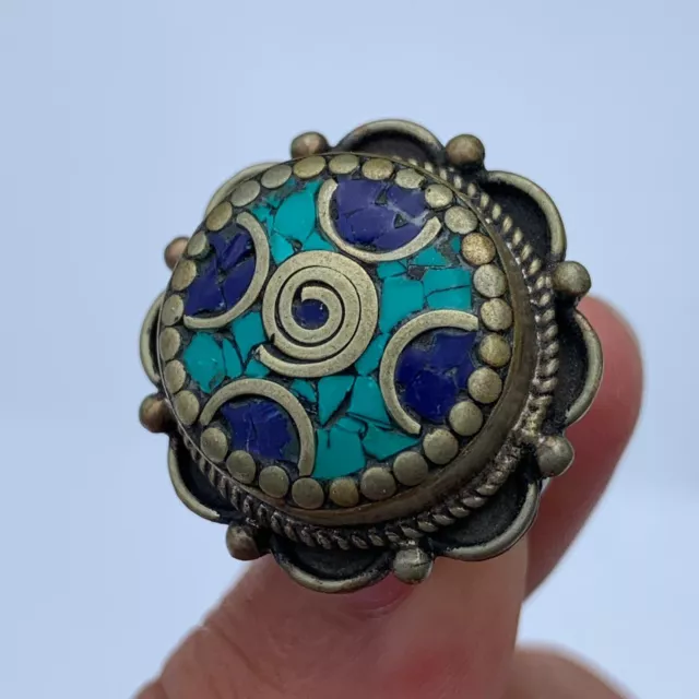 Ancient Victorian Silver Ring Amazing Vintage Gypsy Old Natural Turquoise Stones