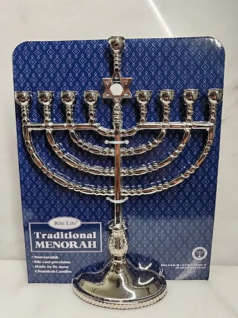 Rite Lite Chanukah Hanukkah Traditional Polished Silver Tone Finish Menorah