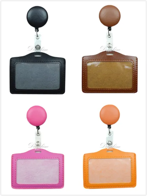 2 in 1 Leather PU Retractable Reel and Horizontal ID Badge Holder