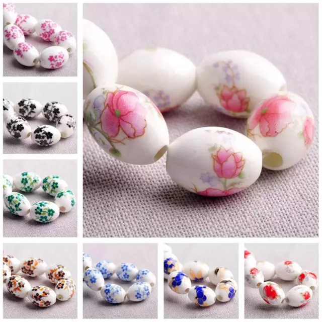 10 stück 15x10mm Oval Form Lose Weiß Porzellan Keramik Perlen - Blume Muster