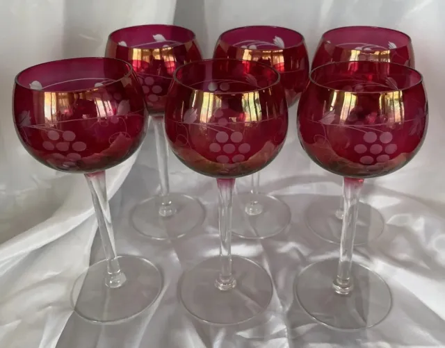 Set Of 6 Bohemian Style Wine Stems Cranberry Glass Etched To Clear Grape