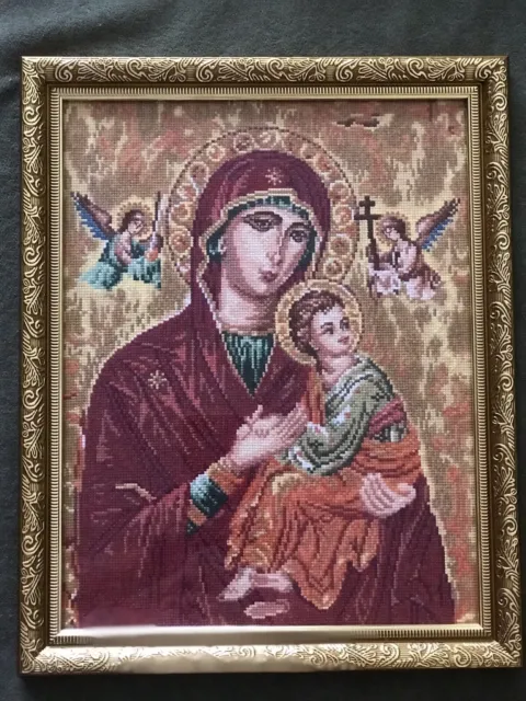 Extra large needlepoint Completed cross stitch Virgin Mary Epakouousa with Jesus