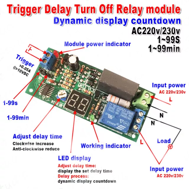 LED Digital Display Delay Timing Timer Switch AC 220v 230v Turn OFF Relay Module