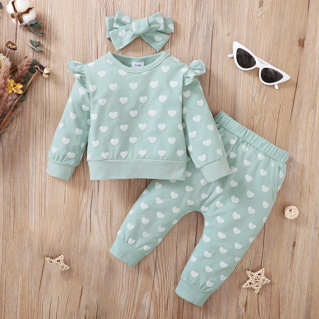 Kids Baby Girls Heart Print Ruffle Romper Tops Pants Headband Set Outfit Clothes 8