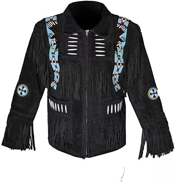 Men Native American Western Cowboy Suede Leather Jacket Eagle Fringes Beads- Zip